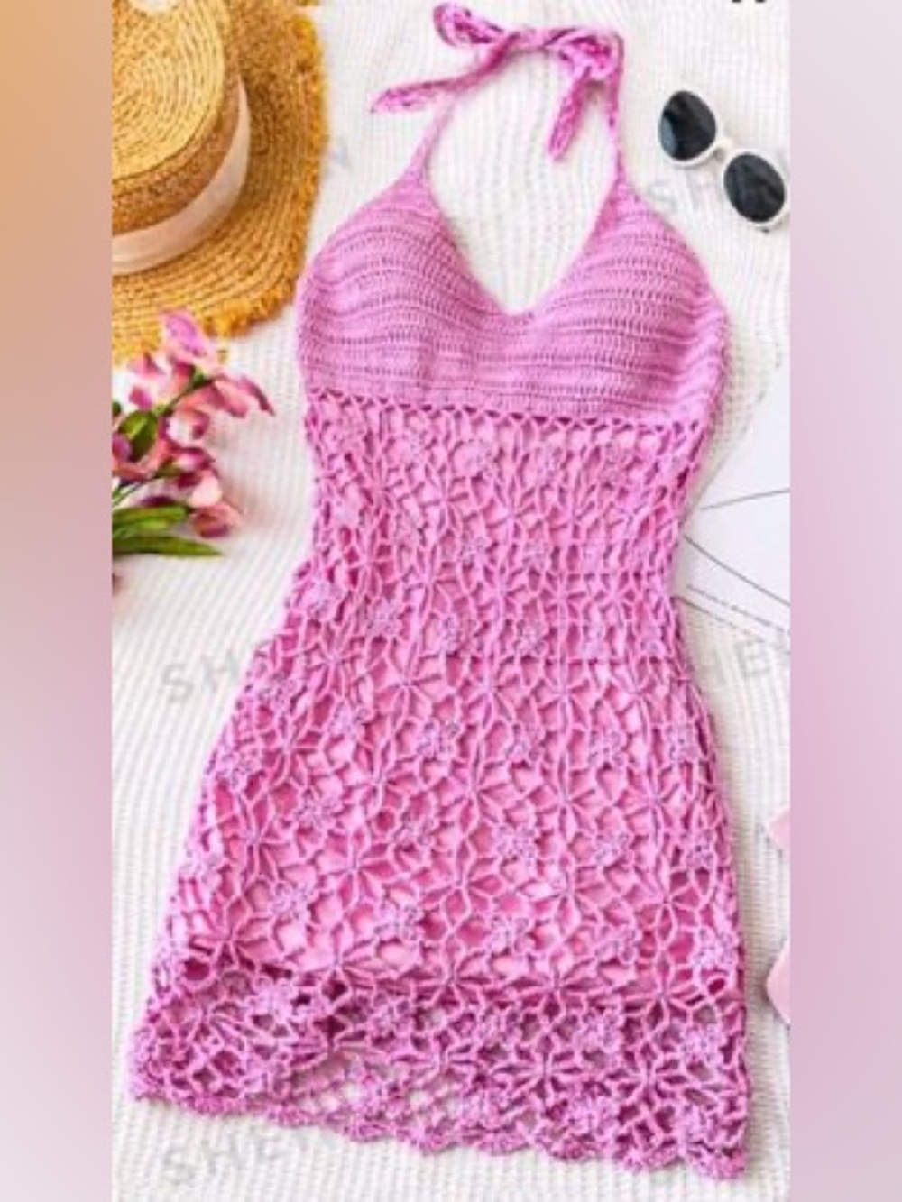 Pink Crochet Halter Dress